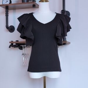 Chic Haute Monde Ruffle Sleeve Knit Top in Black. Office Siren